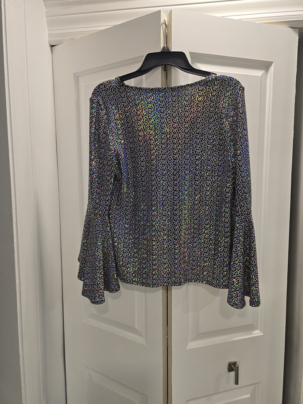 Holographic Black Cowl-Neck Bell-Sleeve Top - Picture 3 of 3